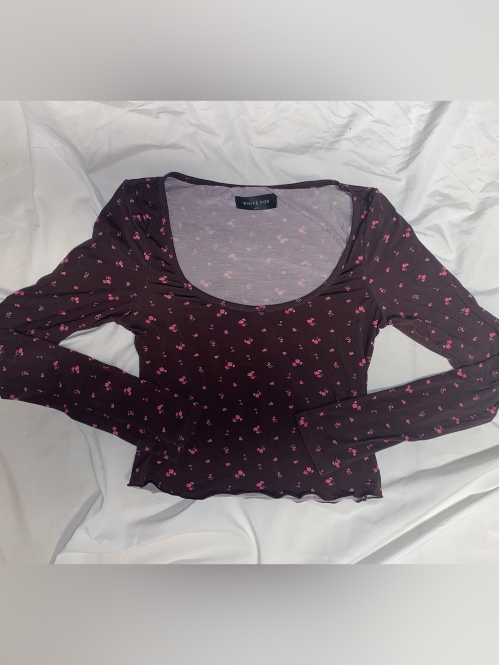 White Fox Boutique Plum Long Sleeve Scoop Neck Top with Pink Floral Accents
